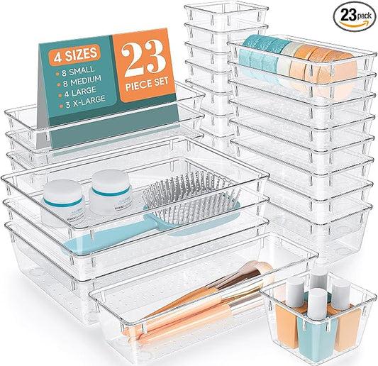 StorMiracle 23 PCS Clear Plastic Drawer Organizers Set, 4 Size Desk Drawer Organizer Trays for Makeup, Jewelry, Kitchen Utensils, Gadgets and Office Accessories