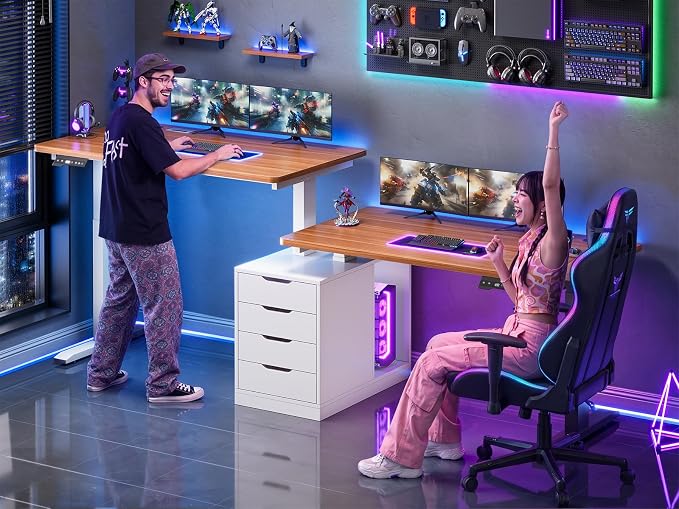 SEDETA Standing Two Person Desk, 94'' Long Computer Desk with 4 Drawers, 2 Power Outlets, CPU Stand, Electric Height Adjustable 2 Person Desk with Cable Management for Home Office, White+Brown