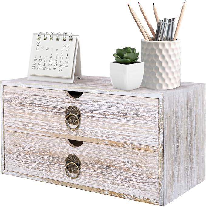 Wood Desk Organizer, Vintage Brown Wooden Desktop Organizer with Drawer, Tabletop Storage Organization Box for Countertop, Home Office Supplies, Bills (2 Drawer)