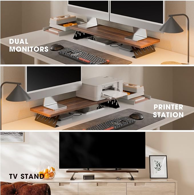 Fenge Monitor Stand Riser, 31.5 Inch Desk Top Shelf for 2 Monitors, Computer Stands for Desk, Wood & Steel Desktop Riser for Laptop, PC, Printer