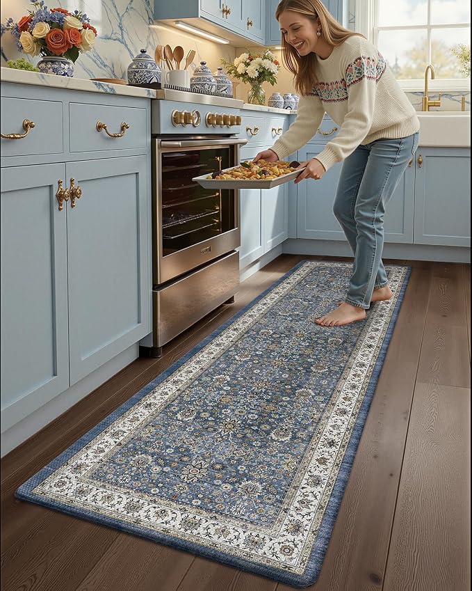 Color&Geometry Kitchen Floor Mat 24x87 Faded Vintage Anti Fatigue, Blue | 0.4in Cushion Standing Mat For Cooking/Working/Laundry, Boho Decor, Non Slip PVC Kitchen Rug, Oil/Water Proof, Anti Slip