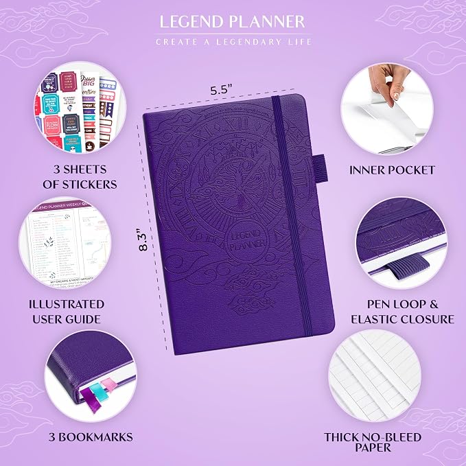 Legend Undated Weekly Planner – Goal Planner Journal & Organizer Notebook – Agenda Book with Monthly Calendar & To-Do List, A5 (Purple)