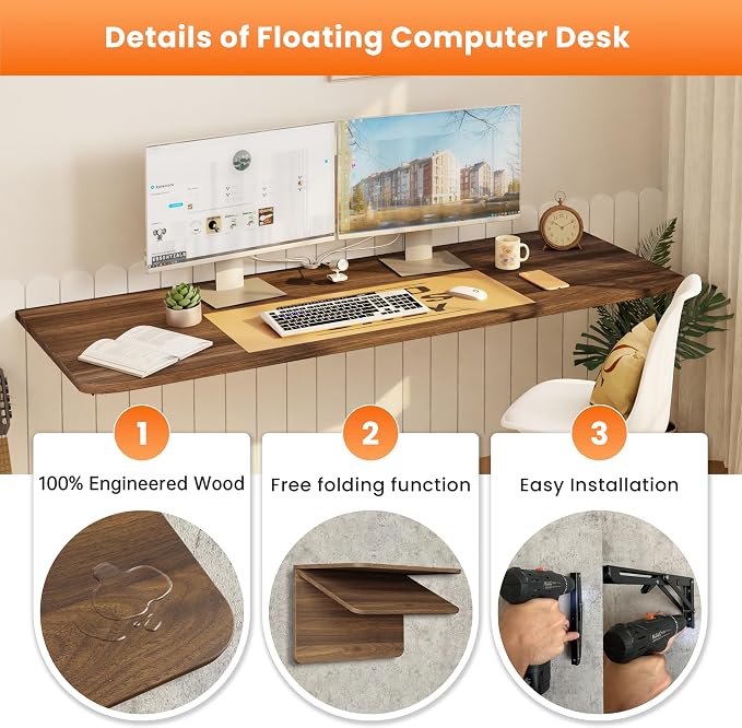 IAE Wall Mounted Floating Foldable Desk, 55" x 22" Folding Computer Workstation Table with Engineered Wood and Metal Shelf Brackets,Fold&Floating Design for Home Office, Apartment,Laundry Room,Walnut
