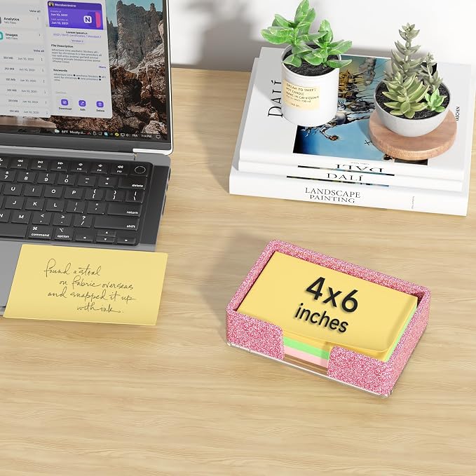 Sticky Note Holder, Glitter Pink Acrylic Notepad Holder 4x6 in Self-Stick Note Dispenser Office Desk Accessories, Memo Pad Holder Organizer for Classroom School Supplies