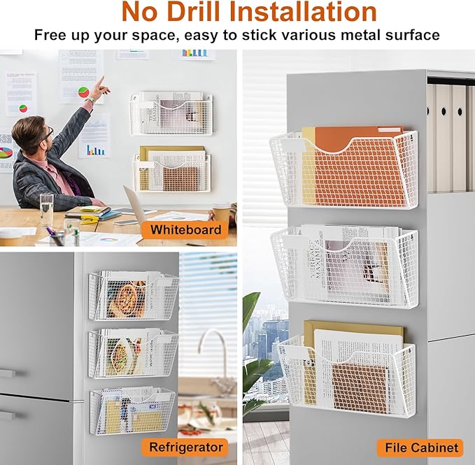 MFTEK Magnetic File Holder, 3 Pockets Wall File Folders Holder No Drilling Magnetic Paper Mail Organizer Magazine Basket, Hanging Storage Rack for Fridge Cabinets Office Classroom(White)
