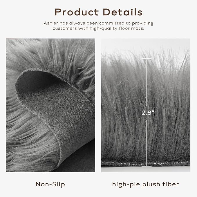 Ashler Faux Fur Rug, Fluffy Shaggy Area Rug, Ultra Soft 2 x 6 Feet Sheepskin Fur, Dark Grey Fuzzy Machine Washable Shag, Nursery Decor Throw for Bedroom, Kids Room, Living Room