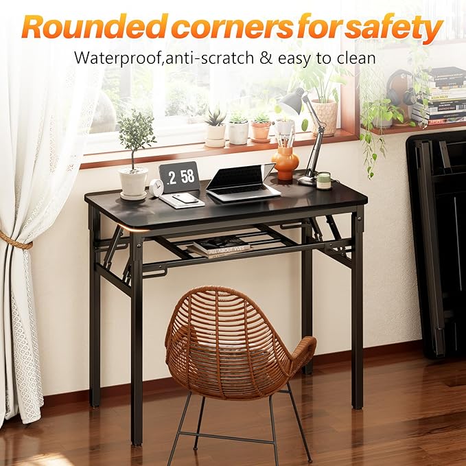 BYMECOST 31.5 inches Folding Desk Small Desk, No Assembly Computer Desk with Storage Shelf, No Install Small Foldable Table for Home Office,Study Table for Small Space (Black, 31.5")