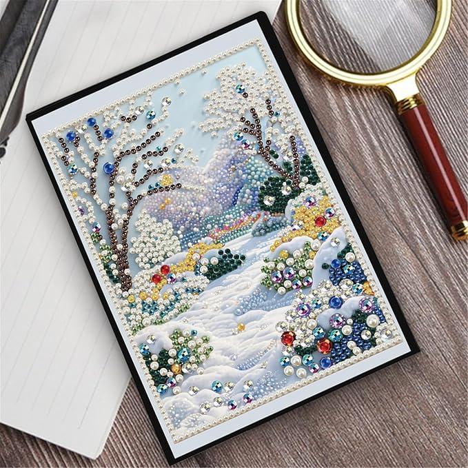 FRANDEK Pearl Painting Notebook Kit, Winter Forest A5 DIY Journal with 50 Blank Pages, Diamond Gem Art Cover with Waterproof Canvas, Beginner Craft Set with Full Tools for Adults