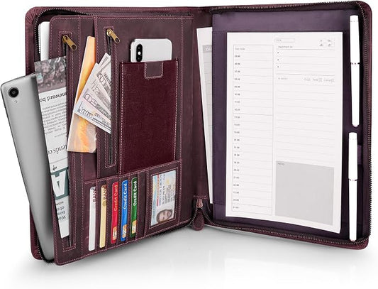JinRuiKJ Leather Portfolio with Zipper, Professional Business Organizer for Men Women, Executive Resume Folder with A4 Notepad Holder, Card Slots, Pen Loop, 10x13'', Luxury Gift Set (Purple)