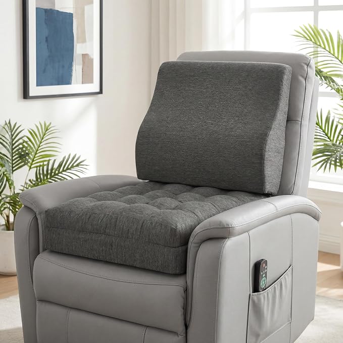 baibu Memory Foam Recliner Cushions with Lumbar Support Pillow Set for Elderly, 20x20x5 Inch Dual-Layer Non-Slip Recliner Seat Cushion & Back Support Pillow for Reduce Hip & Lumbar Pain, Dark Grey