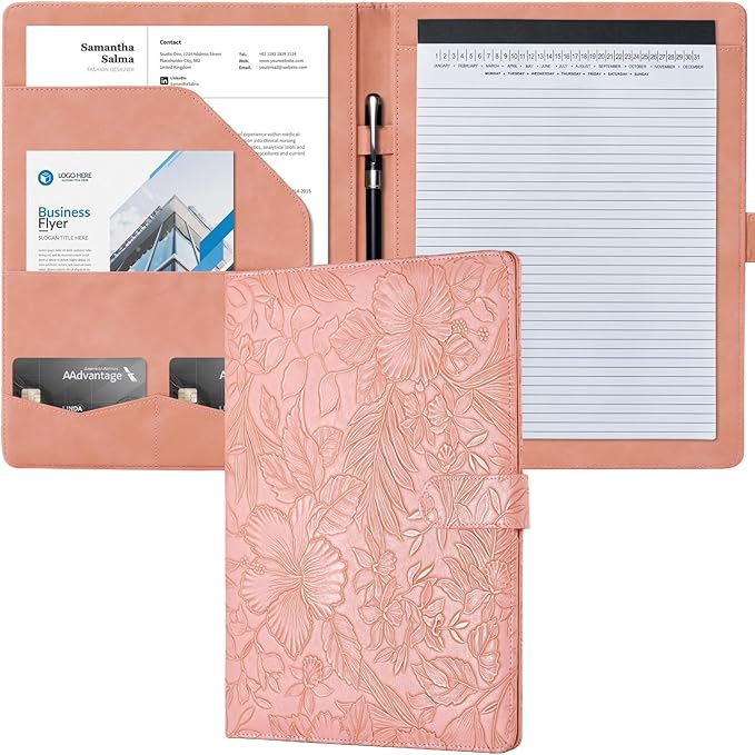 Mymazn Padfolio Portfolio Binder, Faux Leather Interview Resume Folder with Document Organizer & Business Card Holder, Letter-Sized Notepad Legal Pad Holder for Women Men (Pink)