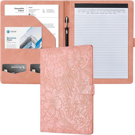 Mymazn Padfolio Portfolio Binder, Faux Leather Interview Resume Folder with Document Organizer & Business Card Holder, Letter-Sized Notepad Legal Pad Holder for Women Men (Pink)