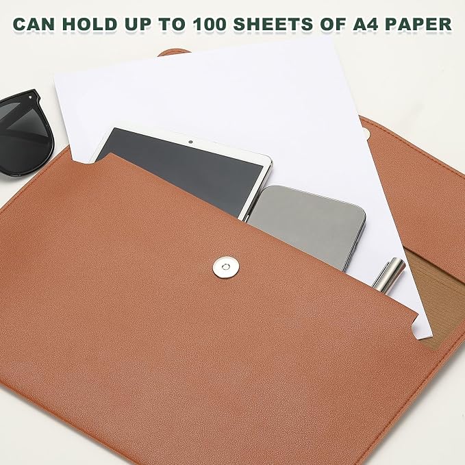 PATIKIL PU Leather A4 File Folder, Document Holder Filing Organizer Portfolio Envelope Folder Case with Snap Closure for Letter Receipt Style 2, Brown
