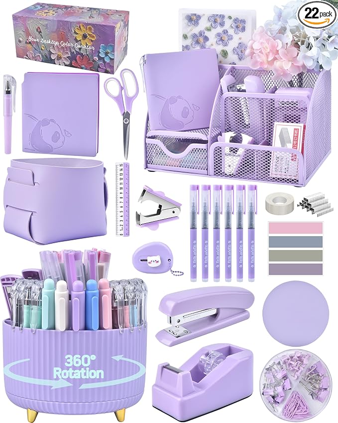 Purple Desk Accessories and Organizers with Desk Organizer and 360°Rotating Pen Holder stapler Pen and a Lot of Office Purple Office Supplies Beautifully Presented in a Gift Box