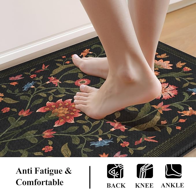 Collive Anti Fatigue Mats for Kitchen Floor, Waterproof Cushioned Kitchen Rugs Sets of 2 Non Skid Padded Sink Rugs, Vintage Floral Comfort Standing Mat for Laundry, Office, 17.3"x29"+17.3"x59", Black