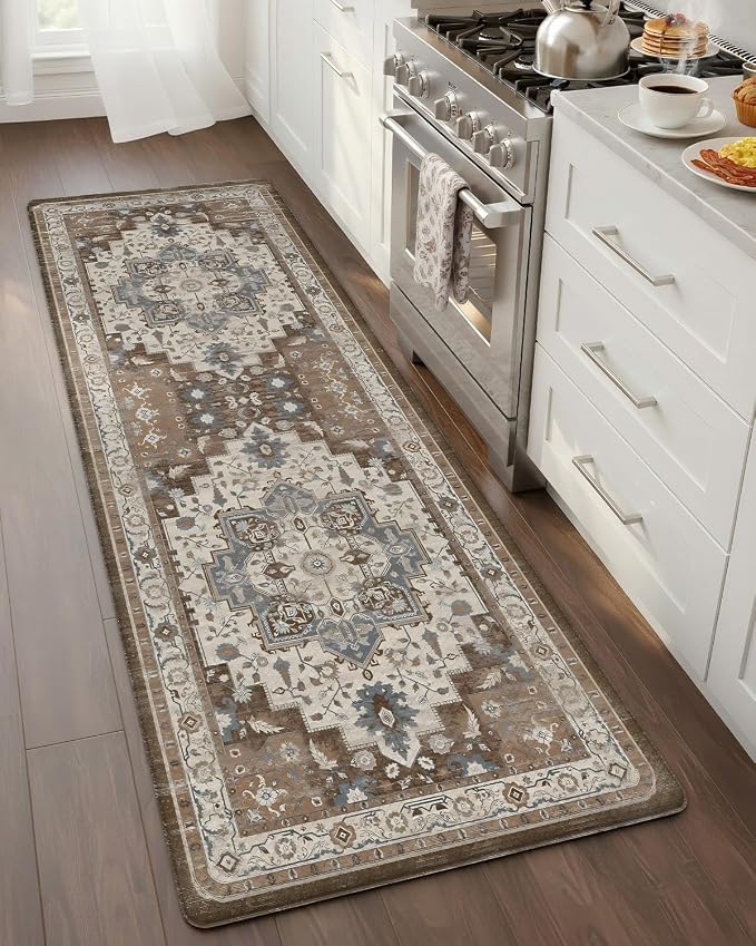 Color&Geometry Kitchen Floor Mat 24x59 Faded Vintage Anti Fatigue, Brown | 0.4in Cushion Standing Mat For Cooking/Working/Laundry, Boho Decor, Non Slip PVC Kitchen Rug, Oil/Water Proof, Anti Slip
