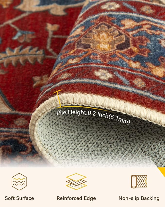 RELEANY Area Rugs Round 6ft Washable Non-Slip, Floral Vintage Distress Medallion Carpet for Living Room Bedroom Dining Room, Red Blue