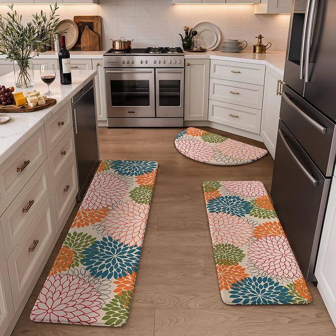 KIMODE Half Circle Anti Fatigue Mats for Kitchen Floor Rug Sets of 3 | 18"x28+18"x47"+18"x59",Orange,Dahlia Floral Boho,Half Round,3PCS,Non Slip,Waterproof,for Sink Office Laundry Bathroom Decor