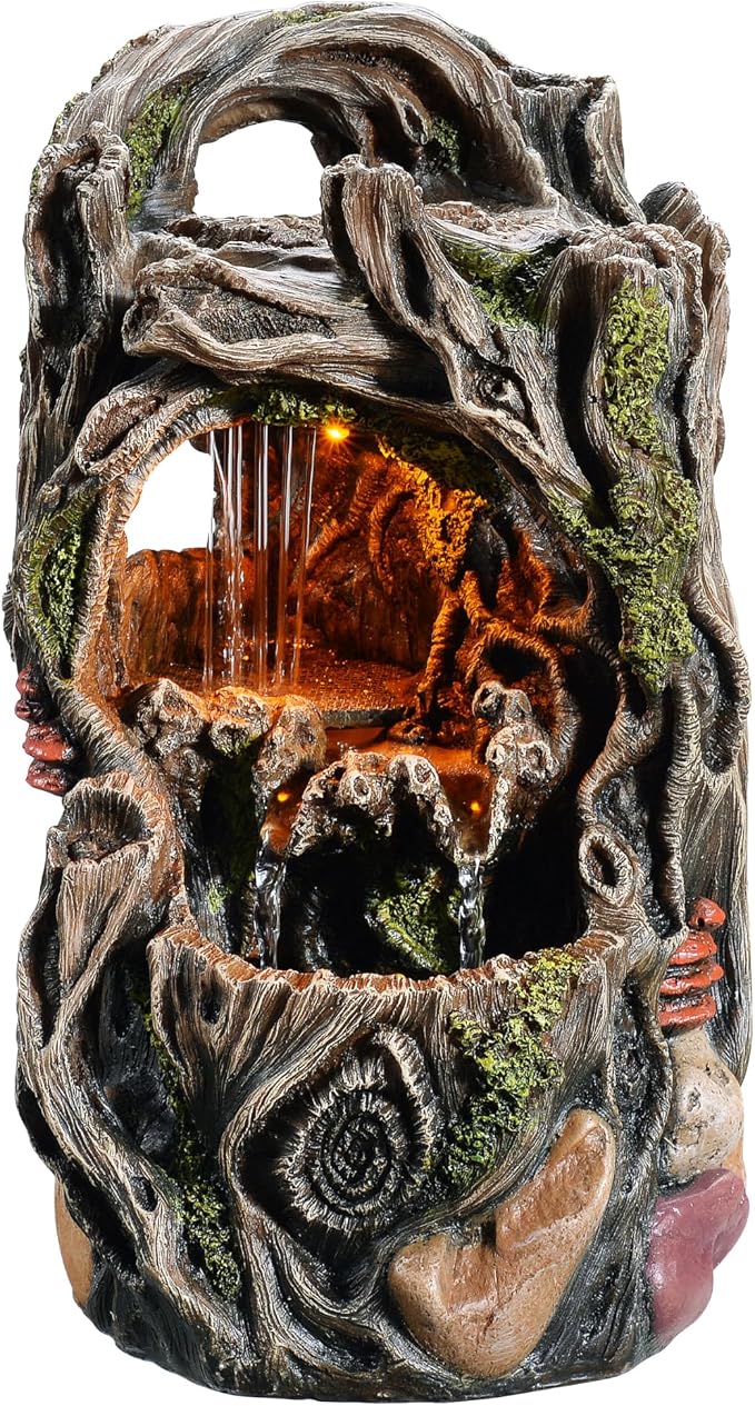 MAOCHI Tabletop Water Fountain, Home Décor Soothing Sound Machine with Automatic Pump, Nature Tree Stump Resin and for Indoor Zen Relaxation for Office, Living Room, or Bedroom Décor