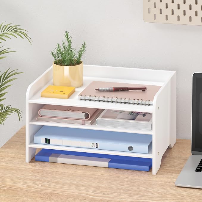 Bamboo File Organizer for Desk, Desktop Paper Tray and Mail Holder | Three open tiers keep A4/letter paper, folders, bills and mail sorted, visible and easy to reach while saving desk space