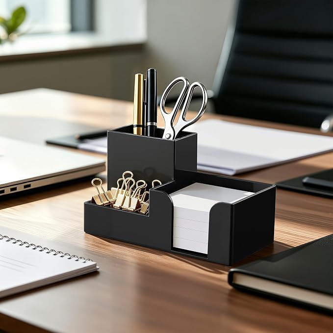 HBlife Acrylic Pen Holder for Desk, 3-Compartment Small Desk Organizer, Black Office Supplies Desk Accessories with Sticky Notes Holder Stores Post It Notes 3X3 for Office, Home and School