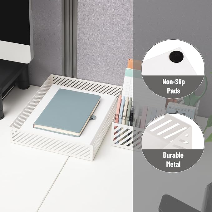 Mind Reader Metal Letter Size Paper Tray, Desktop Document Organizer with Non-Slip Pads, Office Desk Accessory Tray, Metal, White
