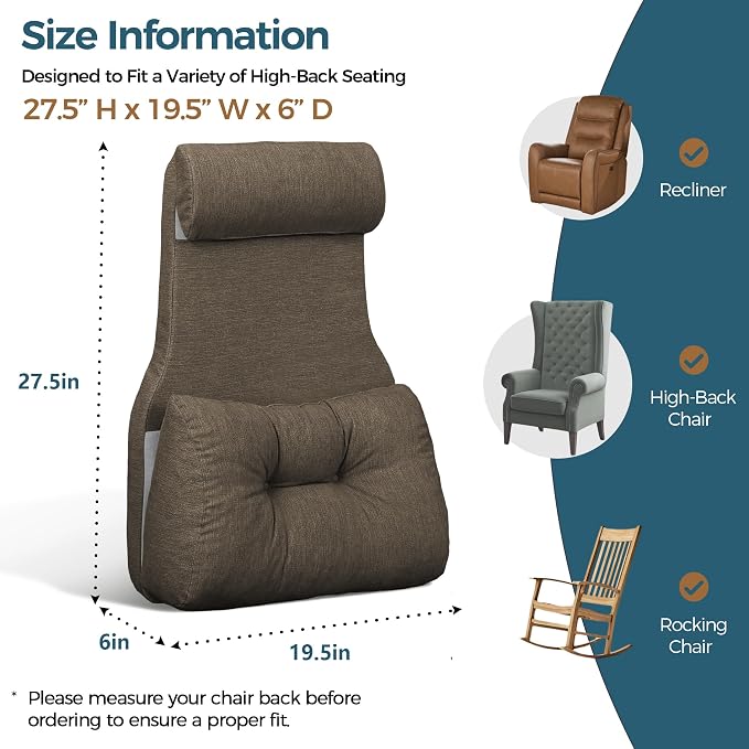 Shinnwa Adjustable Lumbar Support Pillow for Recliner with Headrest | Self-gripping fabric,Shredded Memory Foam filling,Back Support Pillow with Headrest, Lower Back Pillow for Chair and Couch