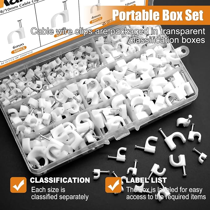 mankk 200PCS Cable Clips Nail in Cable Clips Wire Clips 4/6/8/10mm Round Ethernet Cables Wall Clips for Cords RG6 RG59 CAT5 CAT6 RJ45
