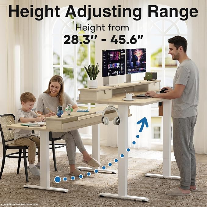 Veken 47x28 in Electric Standing Desk with Drawers, Adjustable Table, Wood | Stand up Computer Desk for Home Office, Work & Study, with Storage, 3 Memory Presets, Cable Organizer, Hook, and Quiet Lift.