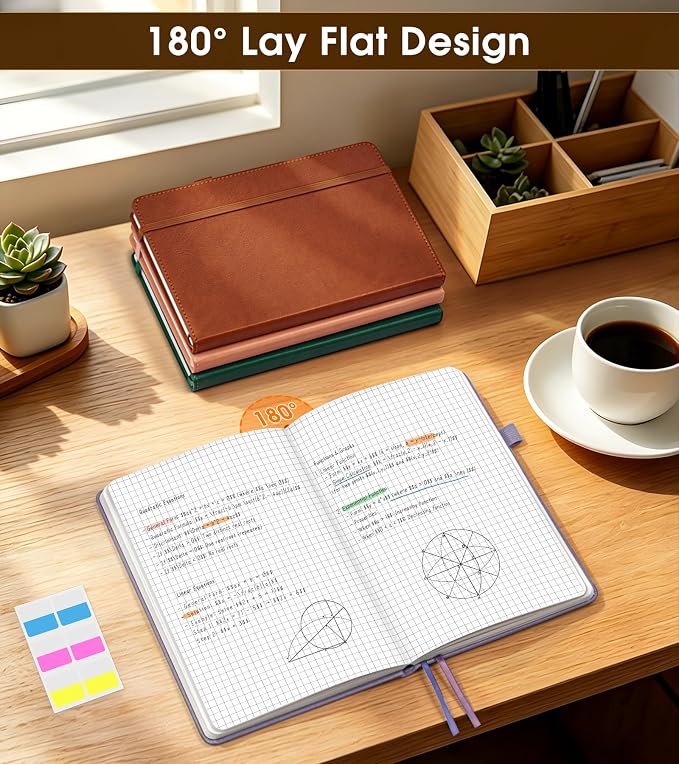 A5 Leather Hardcover Graph Paper Notebook, 160 Pages (5 Squares/Inch), 180° Lay-Flat Binding, 100 GSM Thick Paper, for Math, Engineering, Students & Technical Work (Purple)