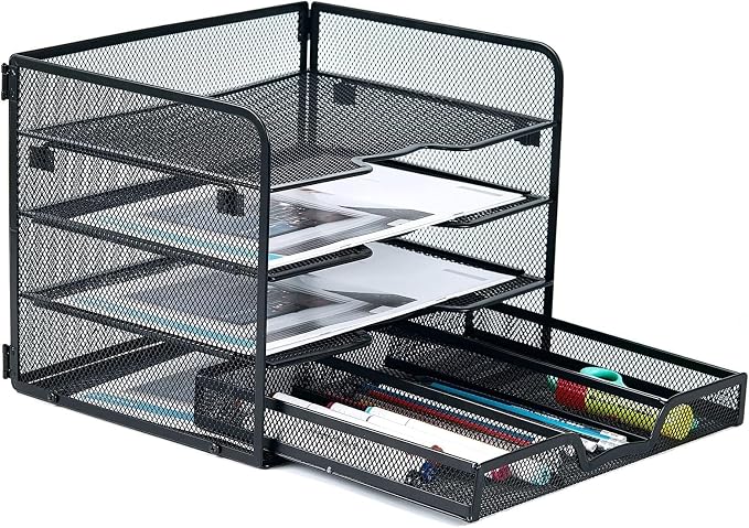 SETTFRFE 4-Tier Metal Desk Organizer-Paper Letter Tray with Drawer,Black | Desktop File Organizer with 2 Sliding Trays & 1 Drawer,Office Supplies Organizer and Storage for Office,Classroom,Home