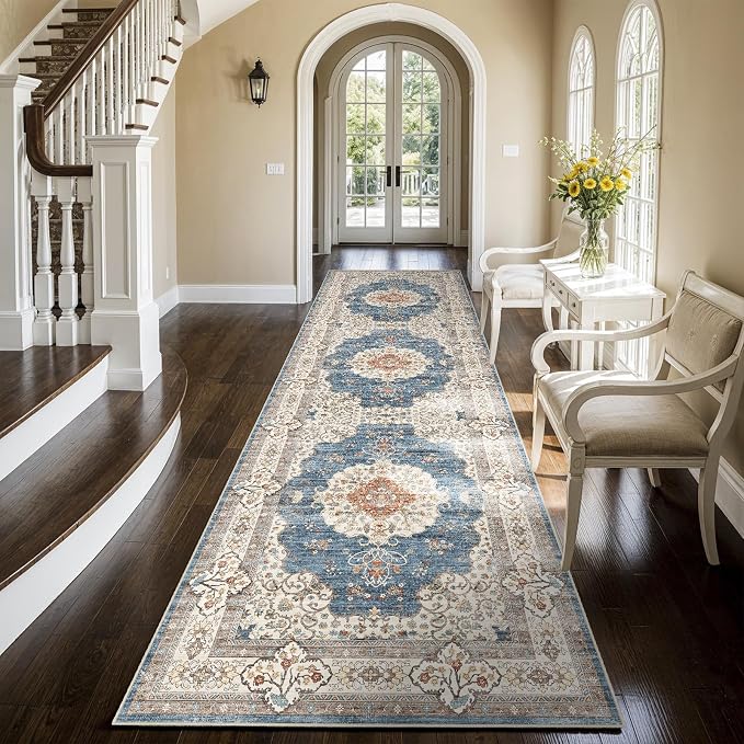 3x10 Washable Hallway Runner Rug:Oriental Indoor Kitchen Rugs Vintage Door Mat Non Slip with Rubber Backing Low Pile Thin Carpet for Bedroom Bathroom Living Room Bedside (3x10 Blue/Beige)