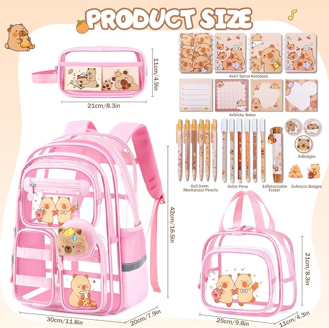 Capybara Theme Clear Backpack, 28Pcs School Supplies Stationery Transparent Backpack Set with Lunch Box Pencil Case Pens Notebooks for Kids Girls Elementary Middle School Stadium Approved