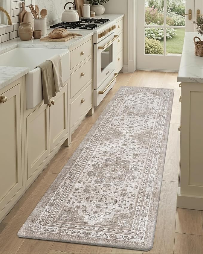 Color&Geometry Kitchen Floor Mat 24x87 Vintage Anti Fatigue, Beige | 0.4in Cushion Standing Mat For Cooking/Working/Laundry, Boho Decor, Non Slip PVC Kitchen Rug, Oil/Water Proof, Anti Slip
