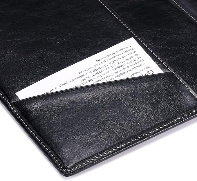 HISCOW Slim Leather Junior Padfolio, 5x8 Notepad Cover, Antiqued Black | Full-grain buffalo leather, top-loading legal pad holder, rigid pen loop, quick-access card slot, zipperless boardroom design