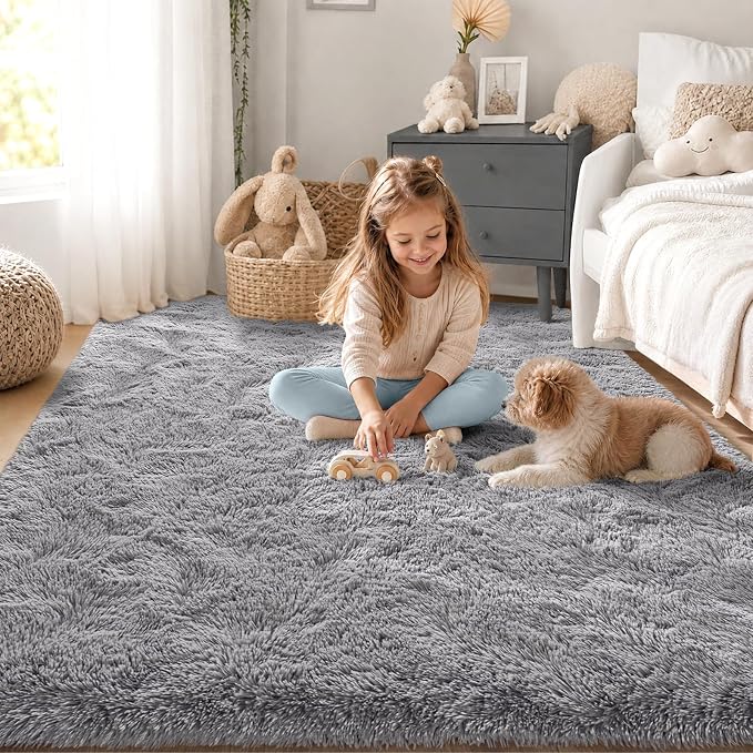 Zentavio Area Rugs for Living Room Grey Rugs for Bedroom 4x6 Carpet Fluffy Furry Soft Shag Aesthetic Plush High Pile Gray Throw Rug for Nursery Kids Room Dorm