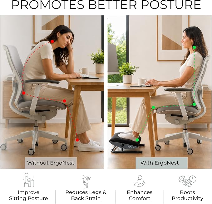 Under Desk Foot Rest – Adjustable Ergonomic Foot Rest with Steel Frame & Memory Foam Cushion, Soft Velour Finish for Superior Comfort, Designed to Improve Posture & Relieve Leg Pressure | ErgoNest™