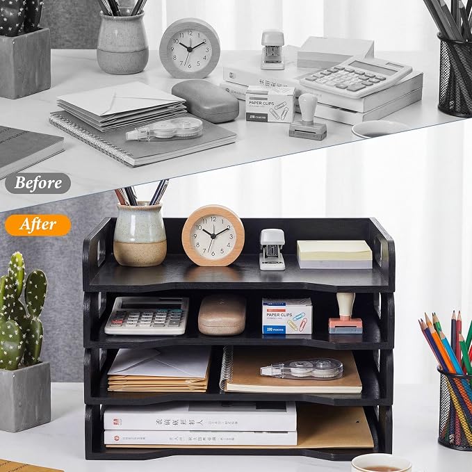 Wooden Stackable Paper Trays 4-tier Wooden Paper Organizer for Desk Letter Documents Woodens Desktop File Organizers for Desktop File Holder and Office Supplies Rack for Home Office Use (Black)