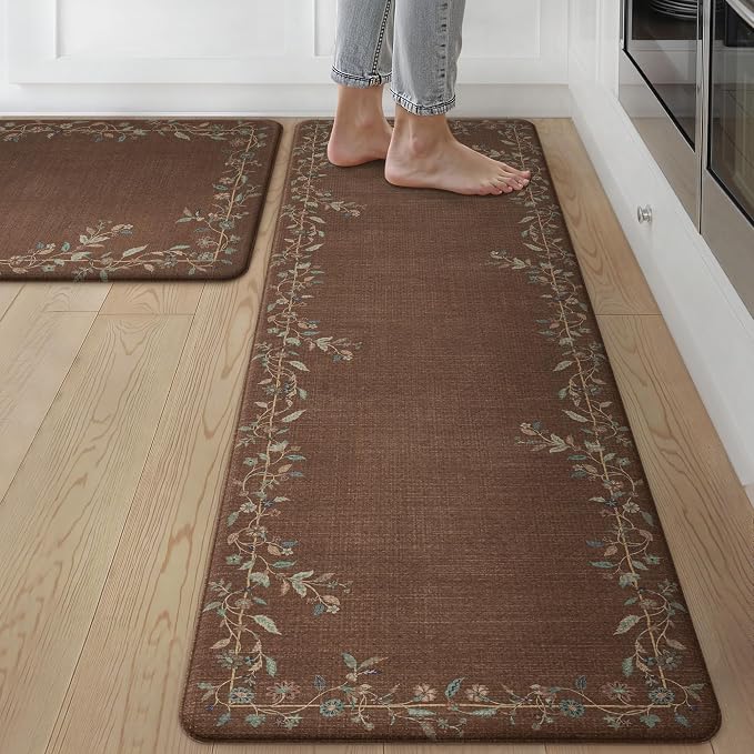 GENIMO Anti Fatigue Kitchen Mats for Floor 2PCS, Cushioned Standing Mats | 17.3"x59"&17.3"x30", Red Brown vintage floral rug set, waterproof, non slip, easy-clean for farmhouse