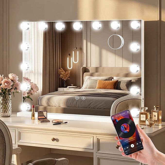 Moonee Vanity Mirror with Lights, Bluetooth Hollywood Lighted Makeup Mirror with 15 Dimmable Bulbs and 10X Magnification, 3 Colors Modes, Light Up Mirror, Gifts for Women, Girls（23" x 18"）