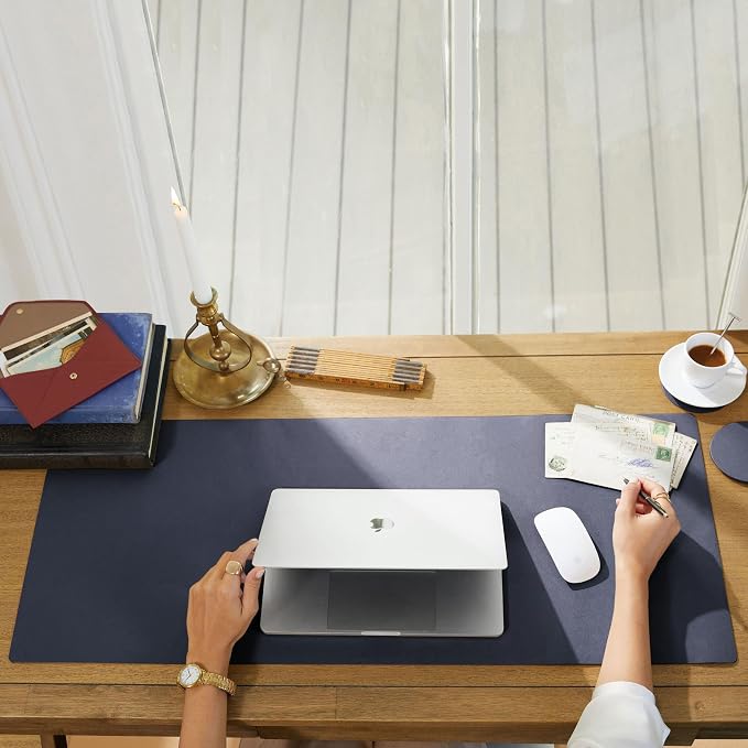 Premium Midnight Blue Extra Long Modern Desk Pad, Fits Laptop or Monitor, Keyboard and Mouse, Made with Italian Leather