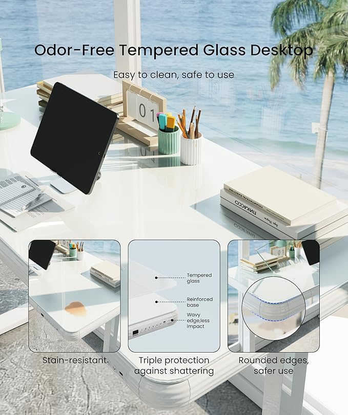 SANODESK Standing Desk with Drawer, Electric Height Adjustable Home Office Desk with Storage & USB Ports, 48 inch Tempered Glass Tabletop/White Frame