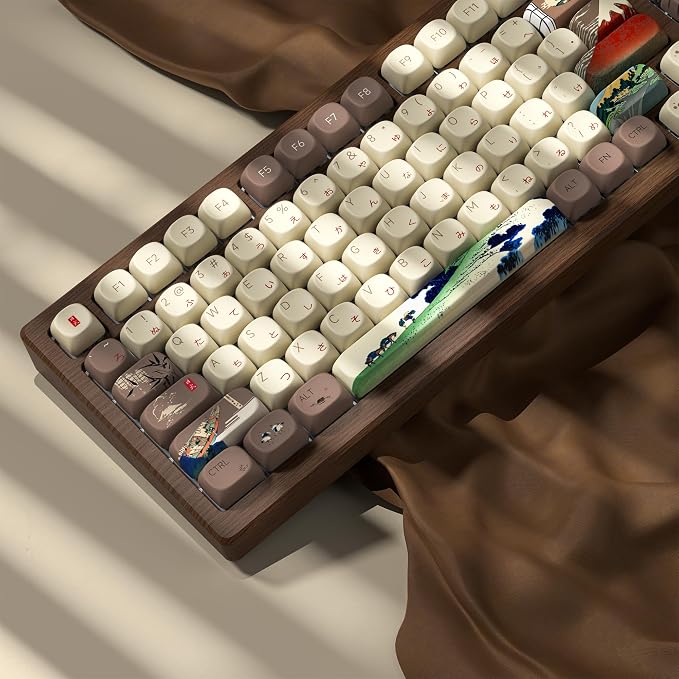 Womier Japanese Keycaps Set 130 Keys MOA Profile for Mechanical Keyboards, Brown Beige Custom PBT Keycaps Set, Dye Sub Side Print, 60 65 75 100 Percent for US Layout Mechanical Keyboard (Fuji)