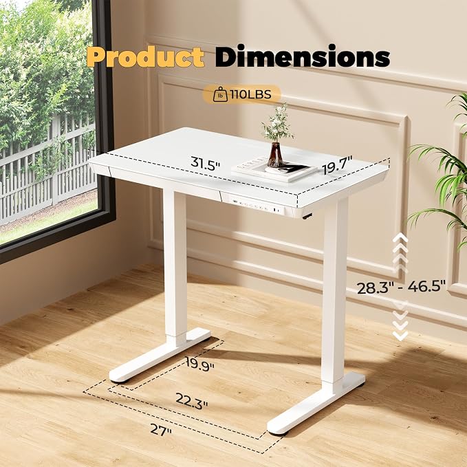 Glass Electric Standing Desk with Drawer, 31.5" x 20" Whole Piece Small Sit Stand Table, Height Adjustable Desk with Storage & USB Ports, Quick Install Home Office Computer Desk, White