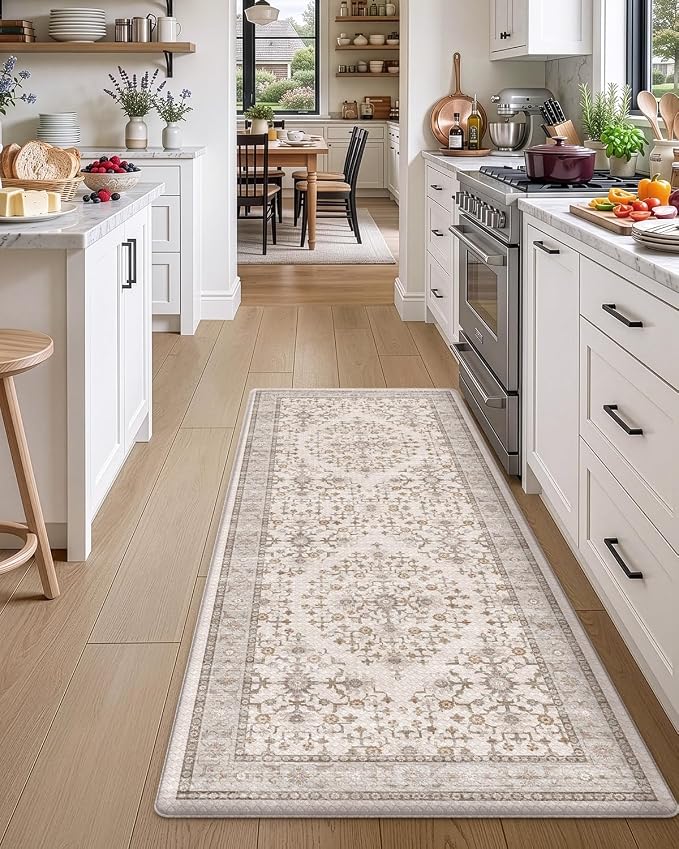 DEXI Kitchen Floor Mats Cushioned Anti Fatigue, 23x59 Rubber Standing Comfort Runner Rug, Waterproof Retro Floral Memory Foam Padded for Front Sink Laundry, Beige and White