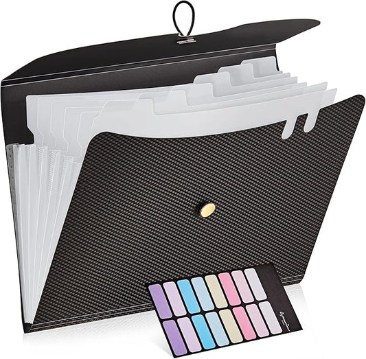 JARLINK 7 Pockets Expanding File Folder, A4 Size Accordion File Folders with 12 Labels, Cute Paper Organizer, Portable Document Organizer for Home College School Office Supplies, Black