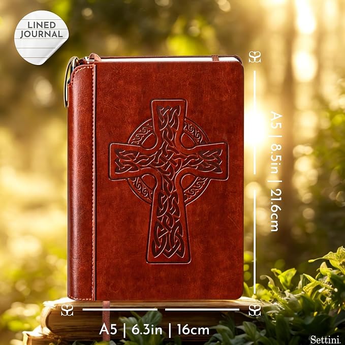 SETTINI® Lined Journal - Celtic Cross Journal for Writing Gift Set - Hardcover Vegan Leather, Includes Luxury Pen in a Unique Pen Holder, 192 Pages, A5, Birthday Gift, Bible Journal, Journal for Men & Women