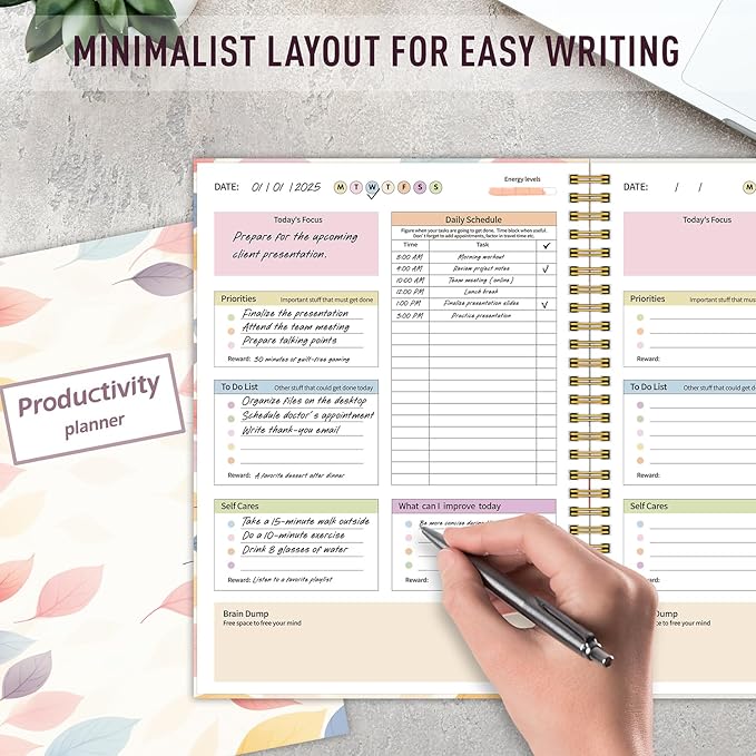 ADHD Planner for Women，Daily Productivity Planner with Task Management Organizer for Neurodivergent Adult,Teens , Self-Cares, Daily Schedule,To-Do List,Brain Dump,ADHD Journal with Cardboard Cover to Stay Organized and Focused (Colorful Leaves)