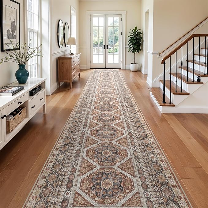 3x20 Runner Rug Kitchen Washable:Oriental Indoor Hallway Runners with Non Slip Backing Floor Mat for Entryway Door Low Pile Thin Carpet for Bedroom Bathroom Living Room Bedside (Brick, 3x20)