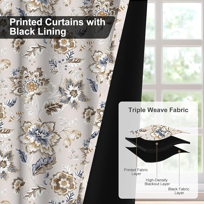 Floral Blackout Curtains for Bedroom and Living Room, Farmhouse Room Darkening Soundproof Thermal Insulated Blackout Curtains for Winter, Grommet Black Out Window Curtains 63 Inch Long 2 Panels Set
